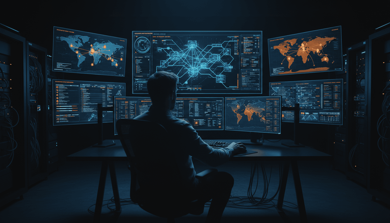 Security operations center with multiple monitors displaying threat detection dashboards and real-time alerts