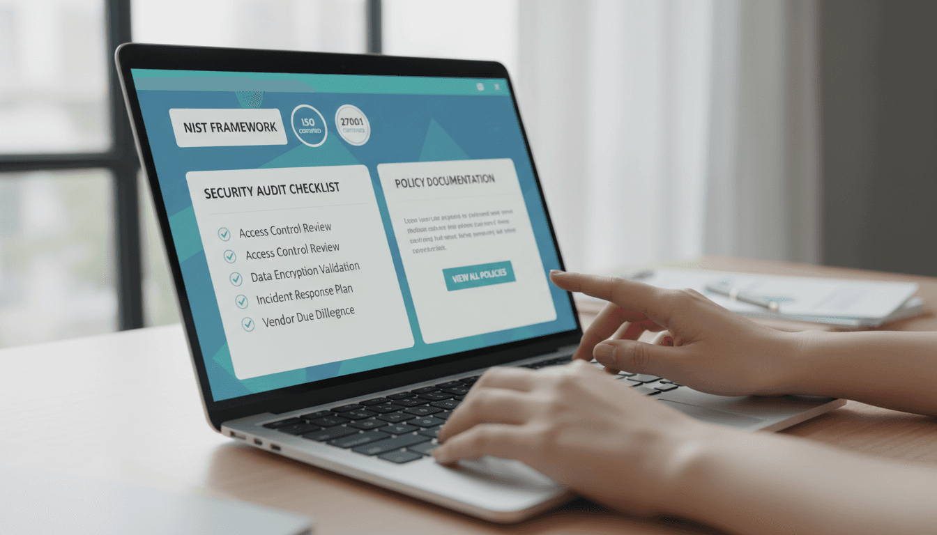 Compliance dashboard showing NIST and ISO 27001 security frameworks