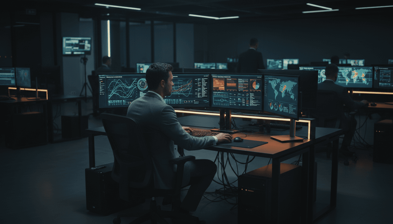 Security analyst reviewing threat detection dashboards in operations center